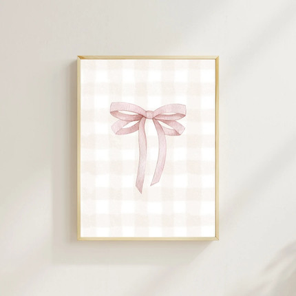 Pink Bow Nursery Wall Art Watercolor Gingham Background Soft Muted Blush Pink Elegant Baby Girl R...