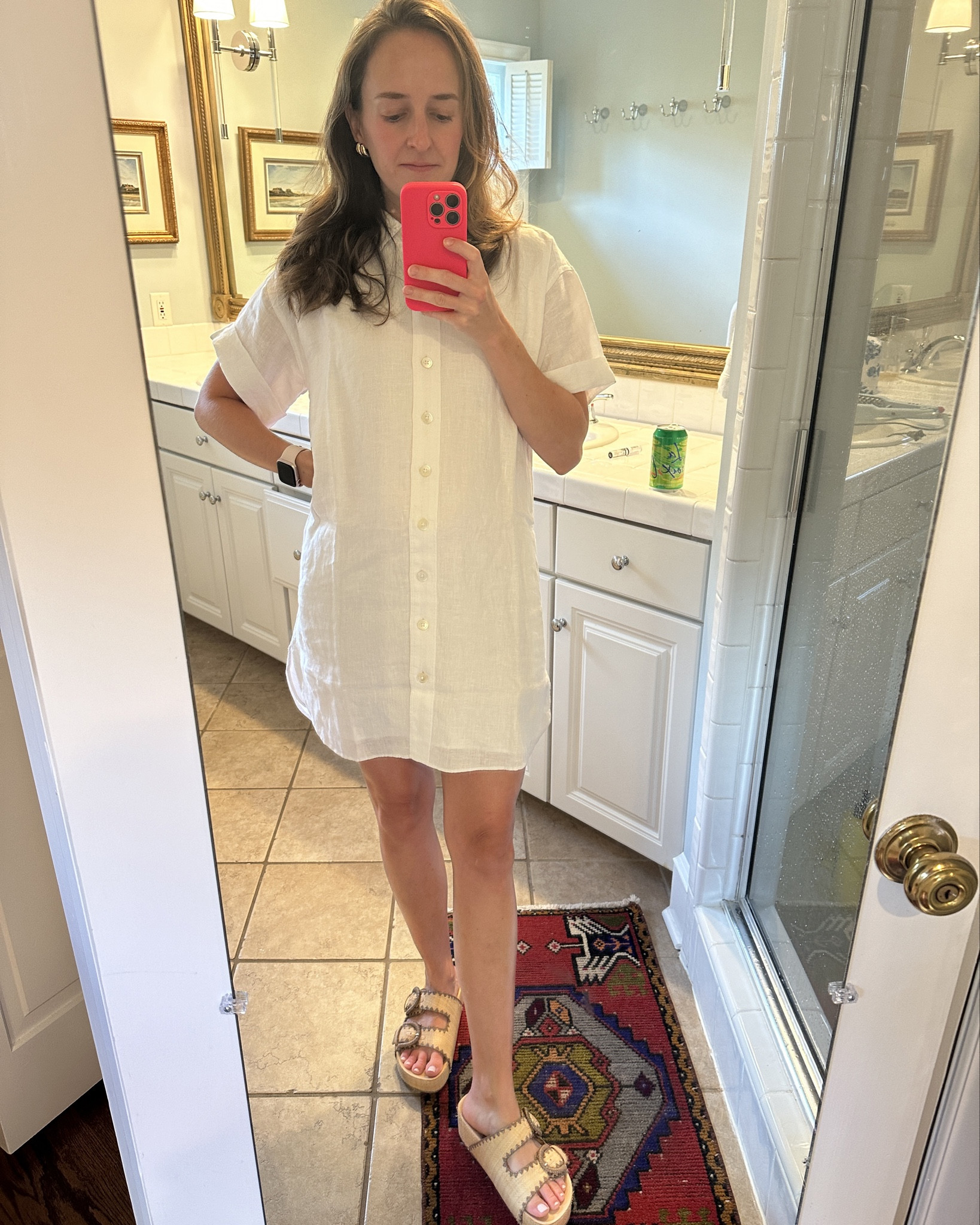 Family birthday dinner fit. Loving this linen dress!! Also, best $20 earrings ❤️