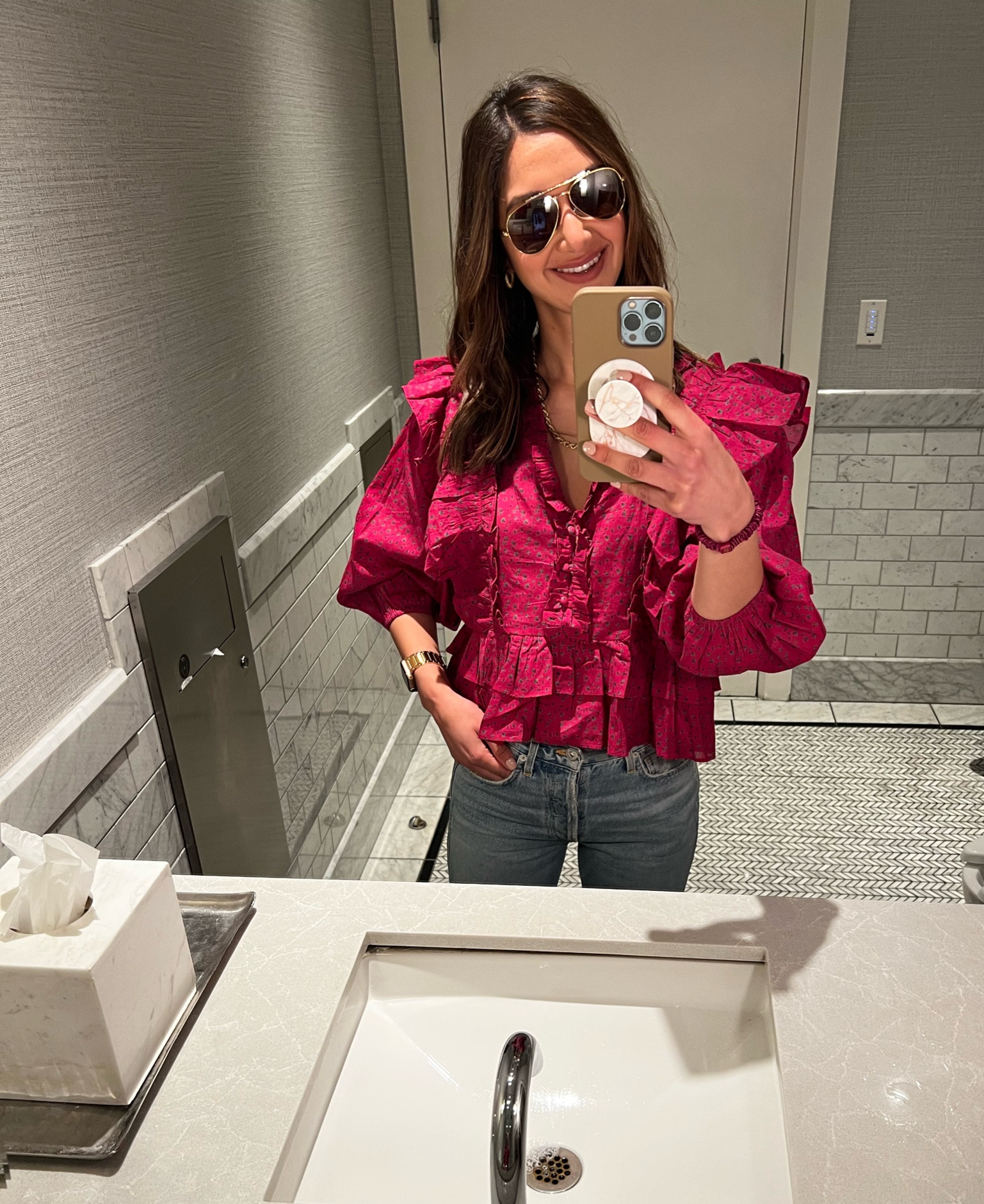 Romantic ruffle sleeve spring top + my favorite Ray ban sunglasses 

#LTKstyletip #LTKunder100