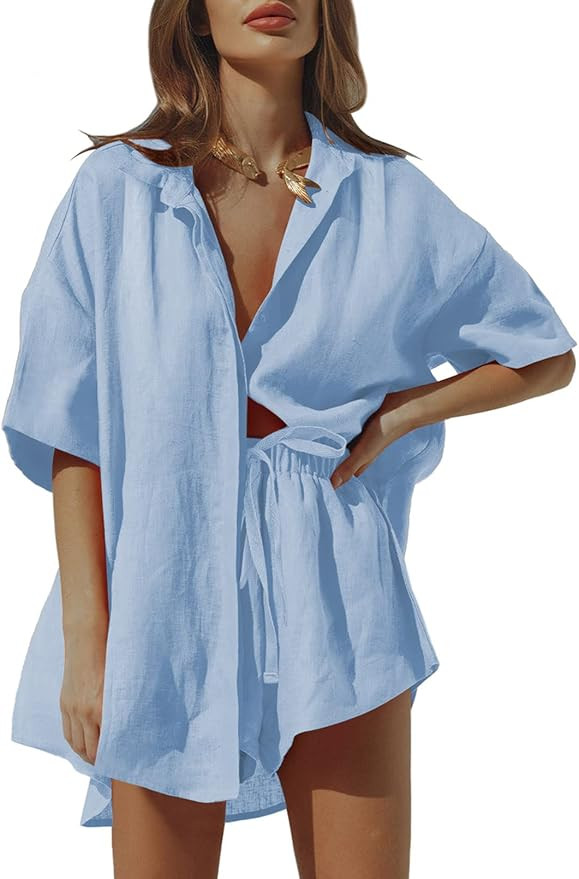 Falvurt Women's 2 Piece Outfit Casual Half Sleeve Shirt High Waisted Shorts Loungewear Set | Amazon (US)