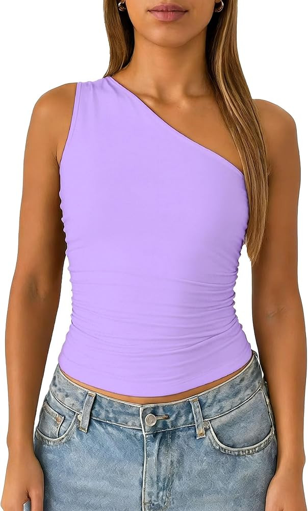 ForeFair Women One Shoulder Going Out Tank Top Double Lined Ruched Sleeveless Y2k Cute Summer Top | Amazon (US)