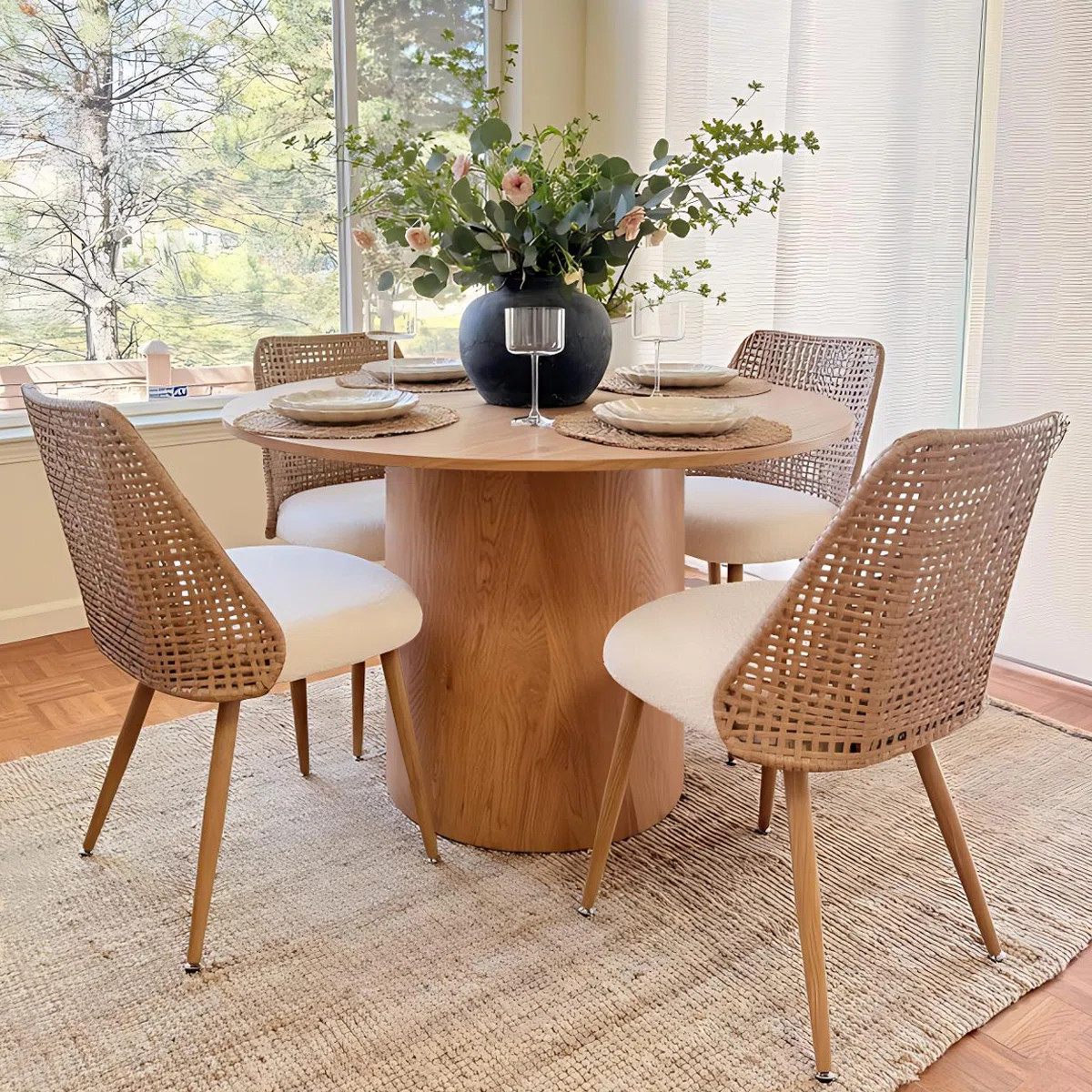 Alexandrina 4 - Person Dining Table Sets With 41.5'' Round Table & 4 Boucle Fabric Chairs | Wayfair North America