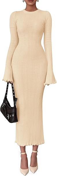 PRETTYGARDEN Sweater Dresses for Women 2025 Fall Bell Long Sleeve Crew Neck Bodycon Maxi Dress Wi... | Amazon (US)