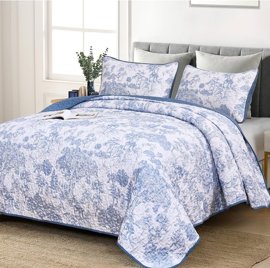 WONGS BEDDING Blue Quilt Set King Size, 3 Pieces Botanical Bedspreads Set Lightweight Microfiber ... | Amazon (US)