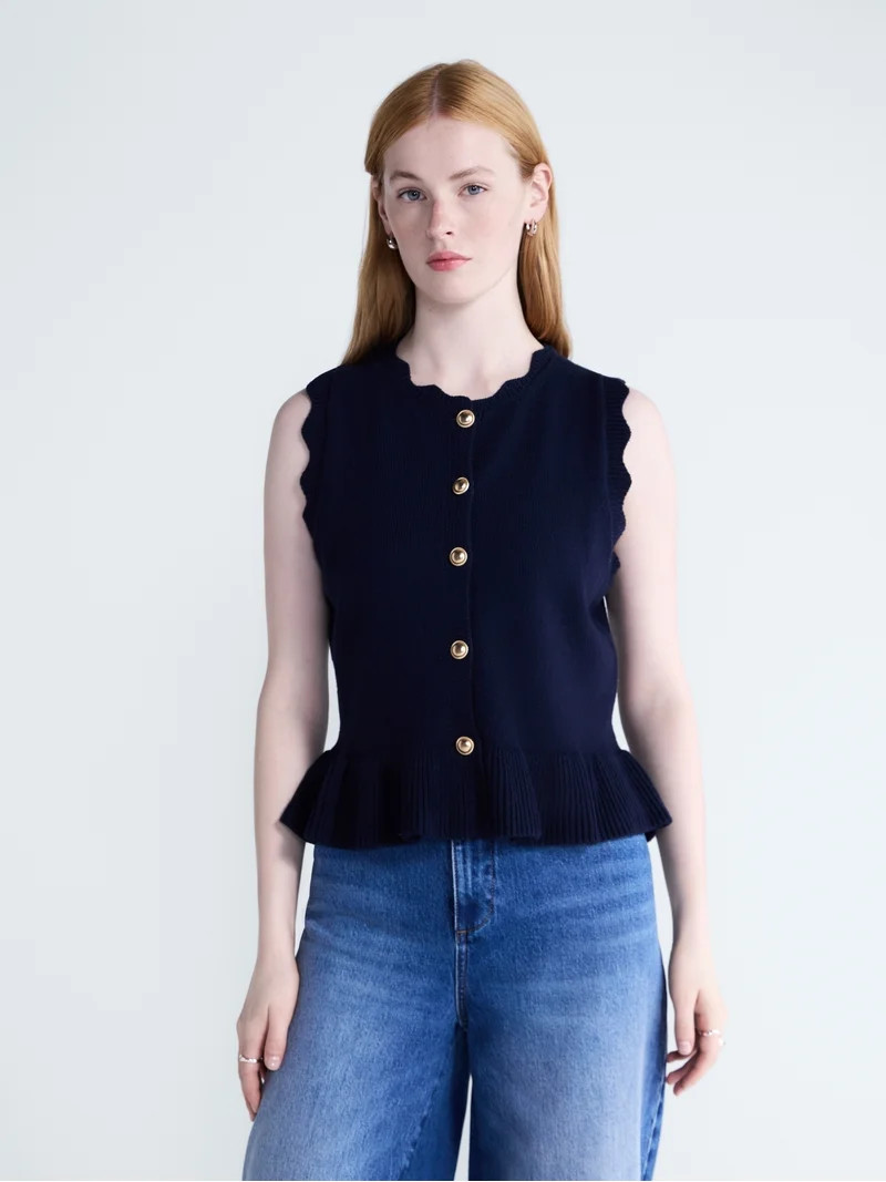 Free Assembly Women's Scalloped Trim Peplum Hem Sweater Vest, Lightweight, Sizes XS-XXL | Walmart (US)