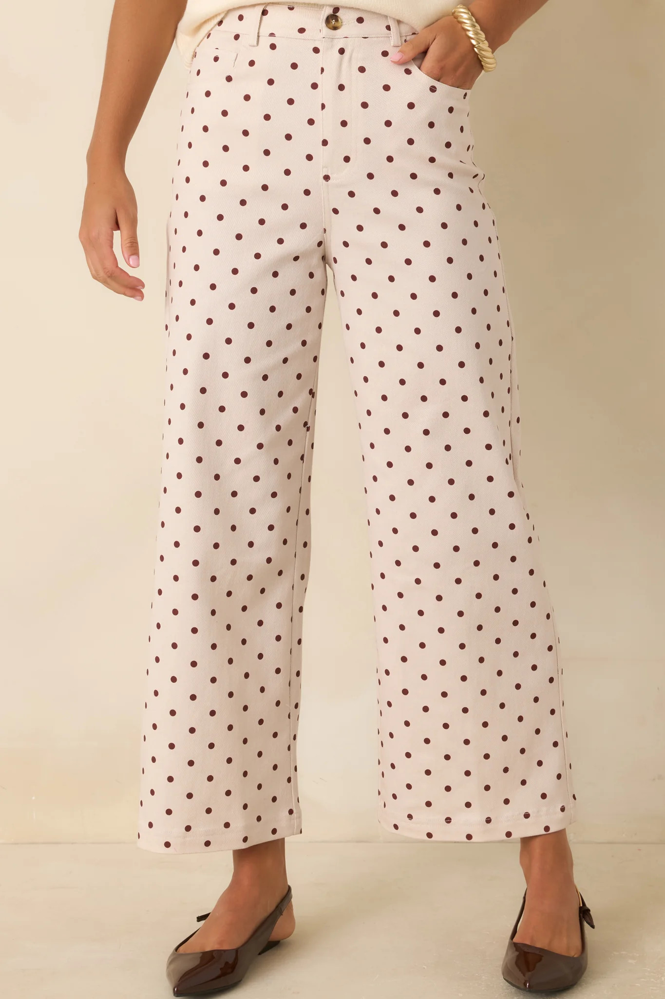 A Spot of Style Ivory & Brown Polka Dot Cotton Pants L / Tan | Red Dress