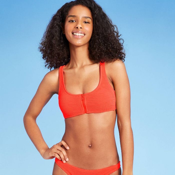 Juniors&#39; Textured Zip-Front Bralette Bikini Top - Xhilaration&#8482; Coral XS | Target