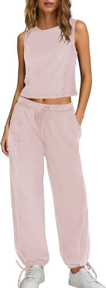 Yanekop Womens 2 Piece Outfits Summer Matching Set Sleeveless Crop Top and Wide Leg Pants Set Vac... | Amazon (US)