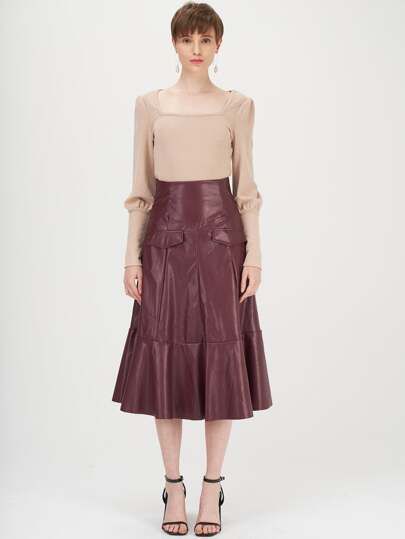 SHEIN Premium Wide Waistband Ruffle Hem PU Skirt | SHEIN