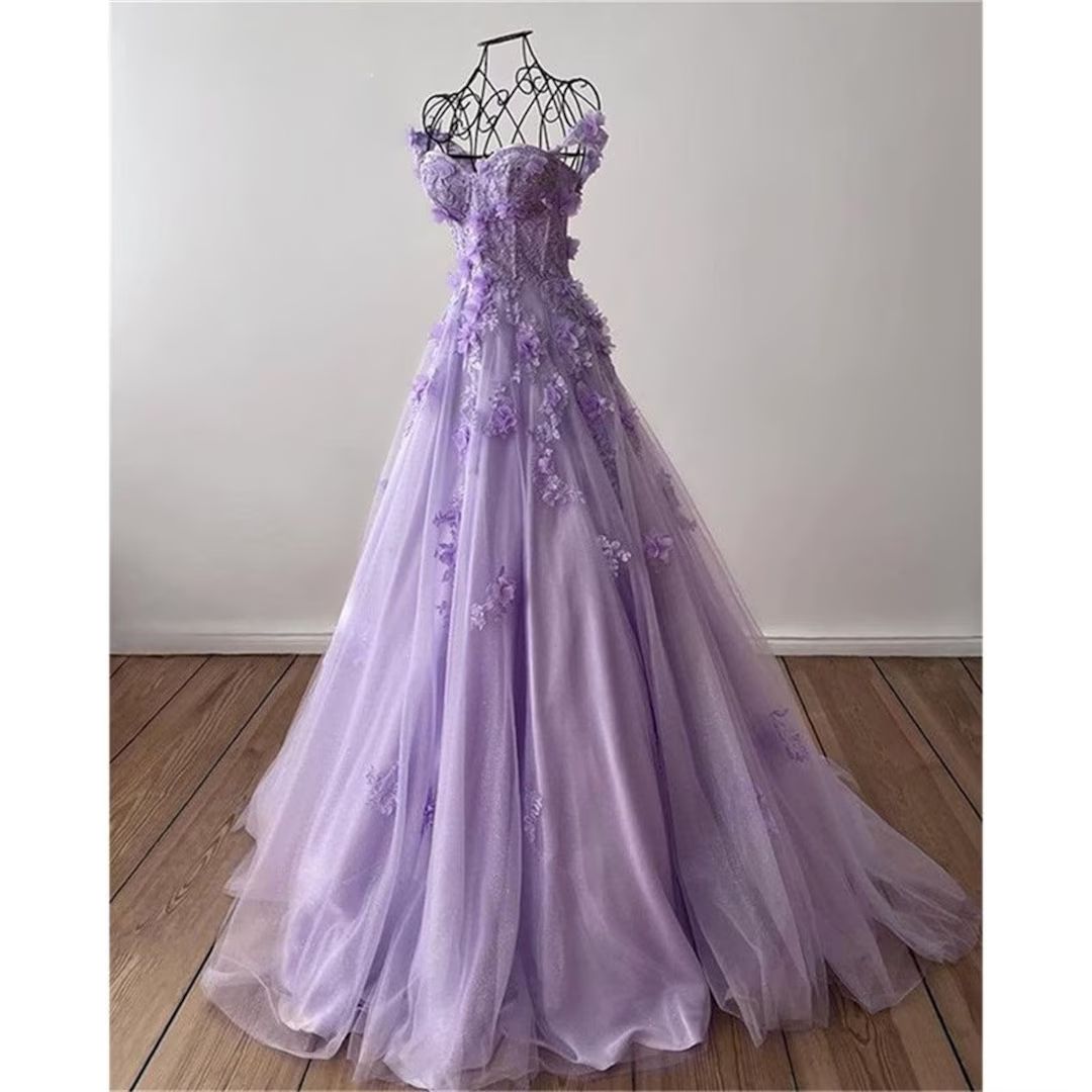 Princess 3D Flower Sweet A-line Tulle Evening Dress/ Purple Prom Dress Handmade - Etsy | Etsy (US)