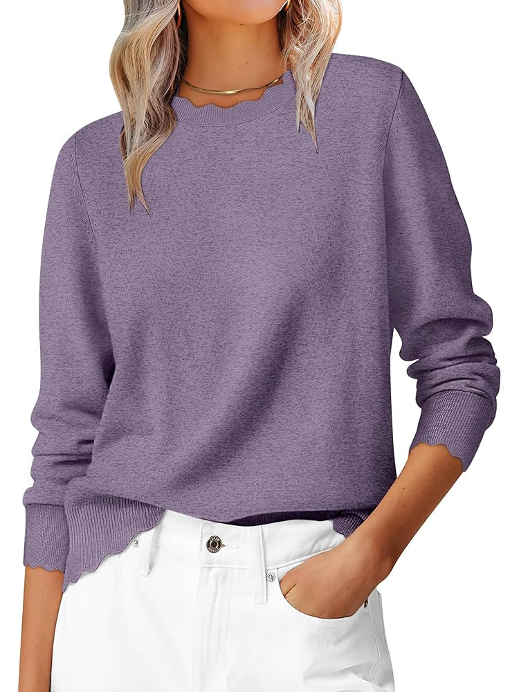 ANRABESS Sweaters for Women Loose Fit Lightweight Soft Dressy Scalloped Long Sleeve Pullover Tops... | Amazon (US)