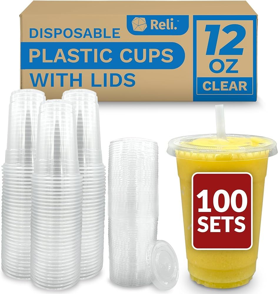 Reli. Plastic Cups with Lids, 12 oz (100 Sets Bulk) | Clear Plastic Cups with Lids | 12 oz Plasti... | Amazon (US)