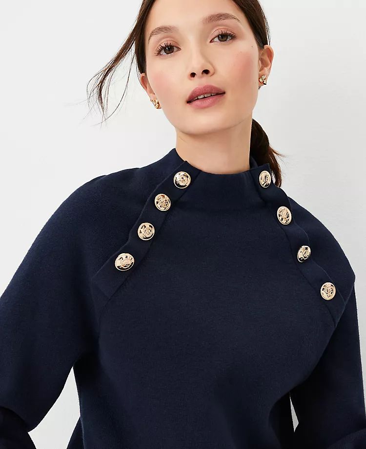 Petite Raglan Button Mock Neck Sweater | Ann Taylor (US)