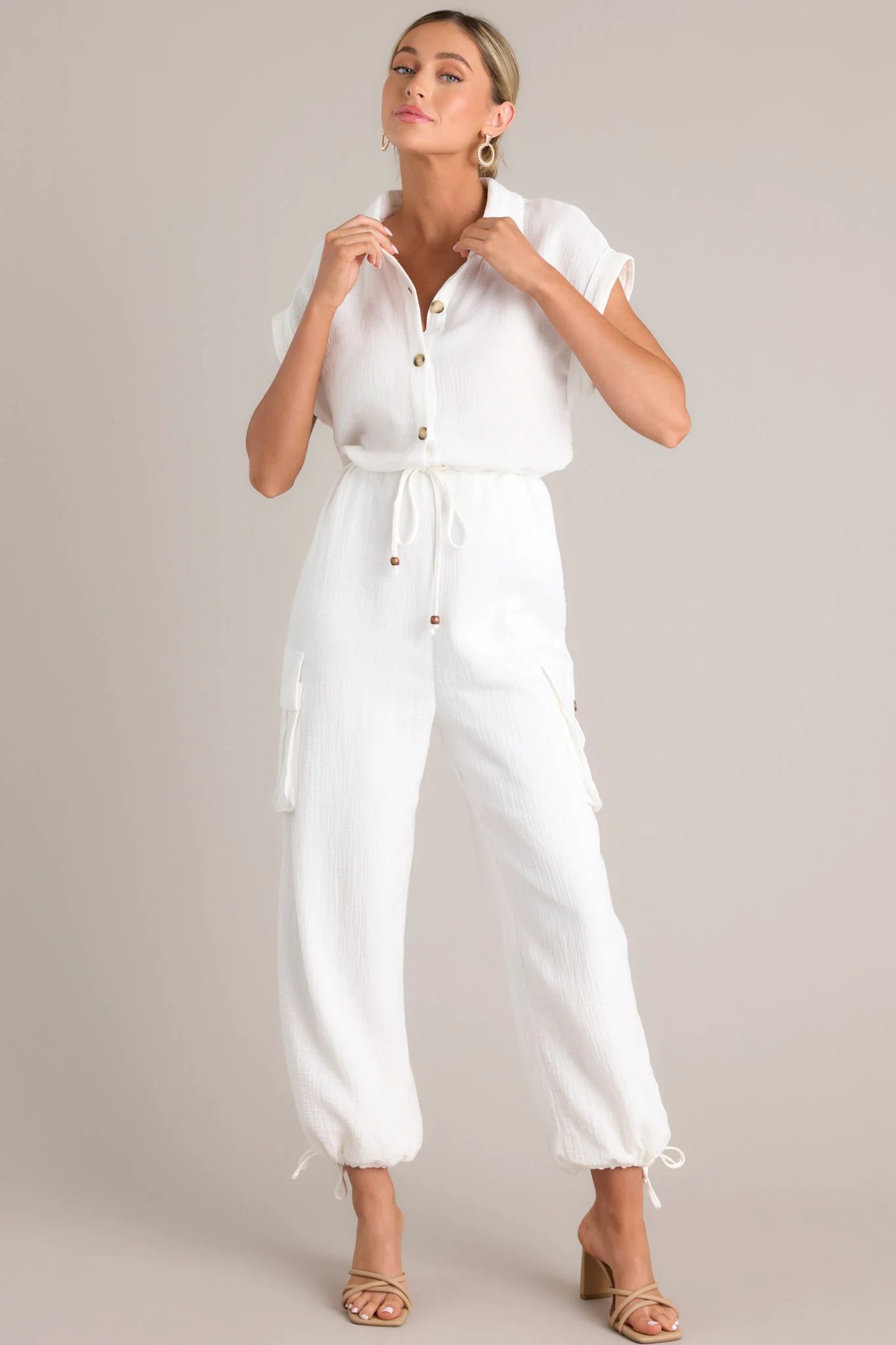 Skyline Soiree 100% Cotton Ivory Collared Jumpsuit | Red Dress