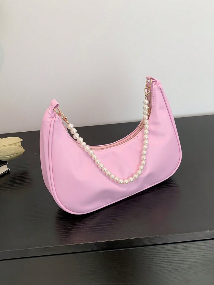 Fashionable Plain Pu Crescent Shape Small Handbag With Faux Pearl Chain Strap, Shoulder Bag, Trea... | SHEIN