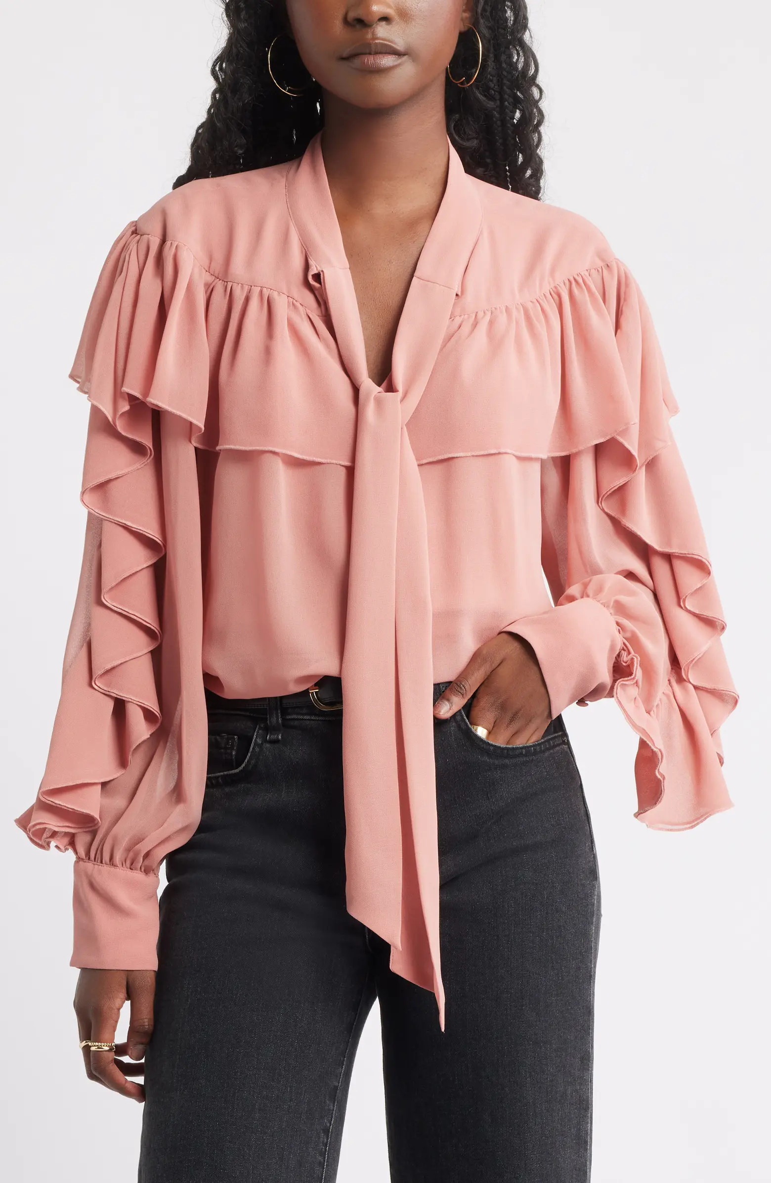 Treasure & Bond Tie Neck Ruffle Chiffon Top | Nordstromrack | Nordstrom Rack