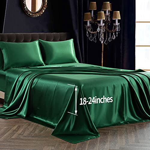 SiinvdaBZX 4Pcs Satin Sheet Extra Deep Pocket Sheets Queen Size, Ultra Silky Soft Emerald Green Satin Queen Bed Sheets Deep Fitted Sheet Set Fits 18-24 Inch Deep Pocket Mattress | Amazon (US)