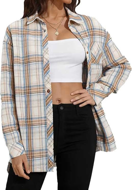 Loose Fit,Boyfriend Button Down Shirts,Work Collared Blouse,Business Casual Checkered Tops,Spring... | Amazon (US)