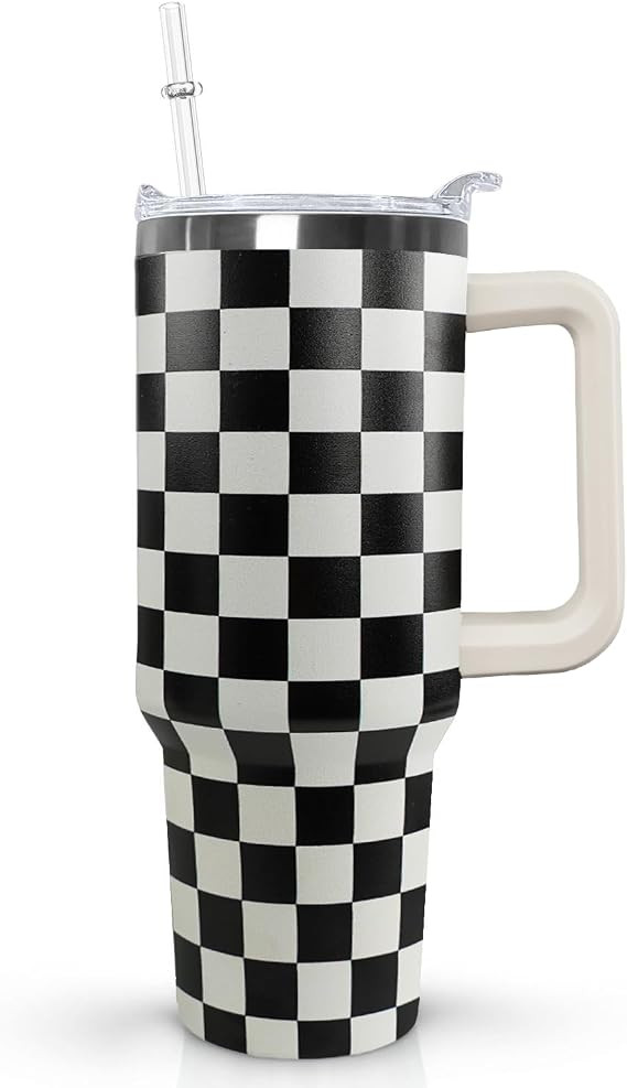 Ceovfoi Black and white Checkered Tumbler with Handle Lid and Straw,40 Oz Checkered Tumbler Water... | Amazon (US)