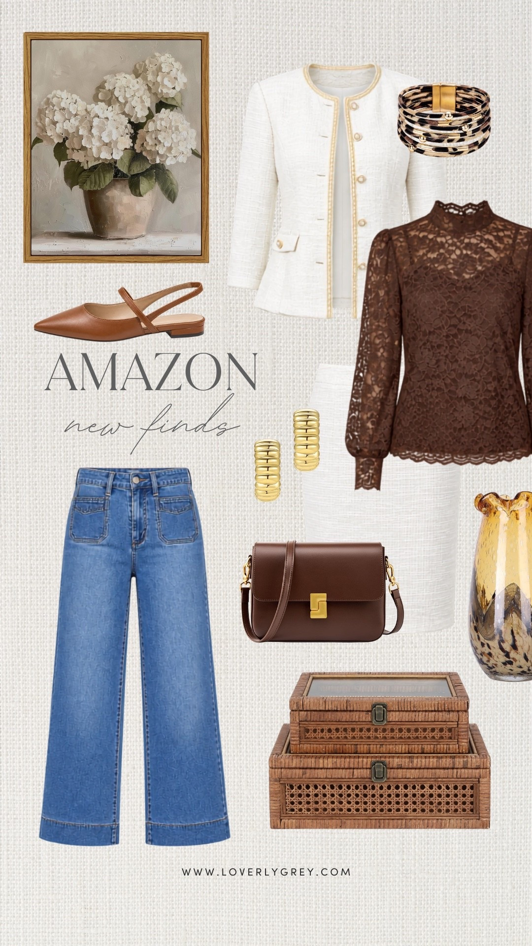 This one might be my favorite because it has the prettiest mix of feminine and polished pieces! The lace blouse, tweed jacket, wide leg jeans, brown handbag and gold accessories make such beautiful Amazon fall outfit ideas. Perfect if you love classic fall fashion, neutral outfits and elevated Amazon finds.

#LTKootd #LTKSeasonal