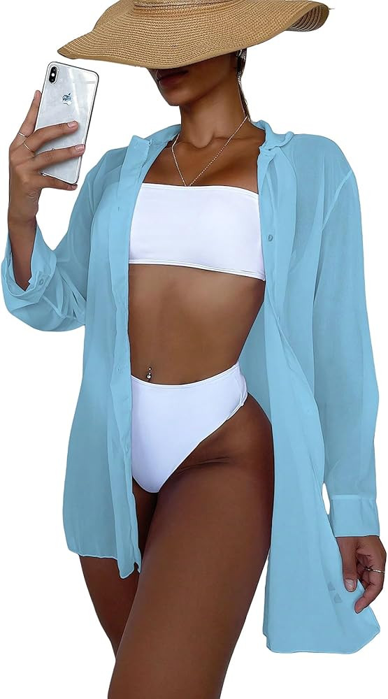 SHENHE Women's Sheer Button Up Long Sleeve Beach Kimono Cover Up Shirt Sun Dresses | Amazon (US)