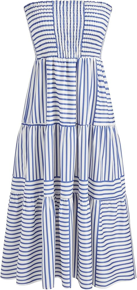 CIDER Womens Casual Dresses Strapless Tube Stripped Shirred A Line Blue Beach Vacation Midi Dress... | Amazon (US)