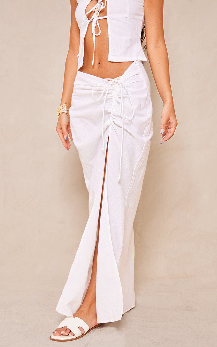White Linen Ruched Maxi Skirt | PrettyLittleThing UK