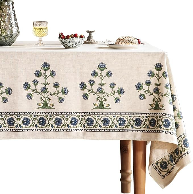 Designer Blue Tablecloth for Rectangle Tables,Vintage Linen with Leaves and Flowers Pattern Table... | Amazon (US)
