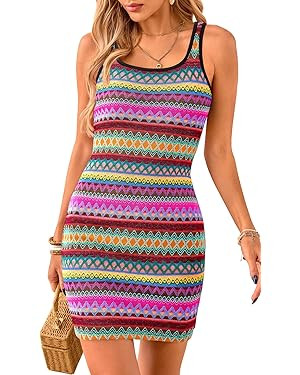 PRETTYGARDEN Womens 2026 Summer Mini Dresses Square Neck Sleeveless Tank Bodycon Striped Boho Sun... | Amazon (US)