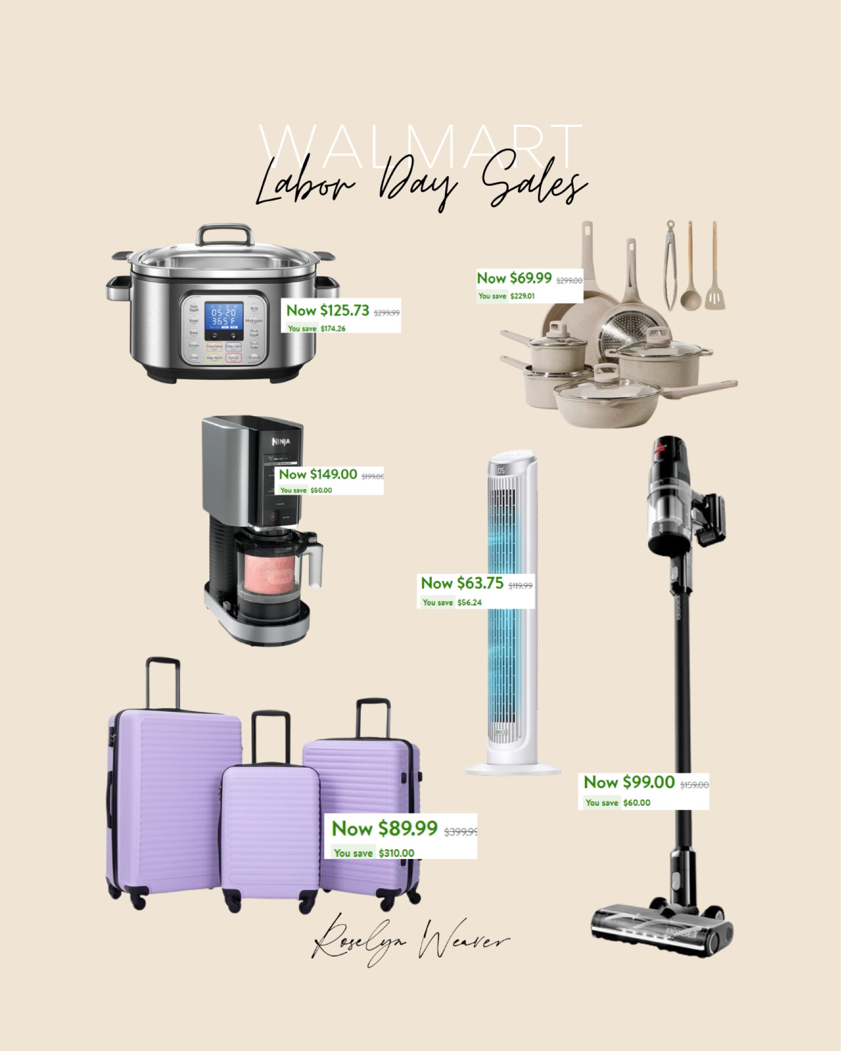 Walmart - Labor Day sales on home items 

Slow cooker, kitchen appliance, ice cream maker, cordless vacuum, luggage set, non stick pan set, tower fan

#LTKHome #LTKTravel #LTKSaleAlert