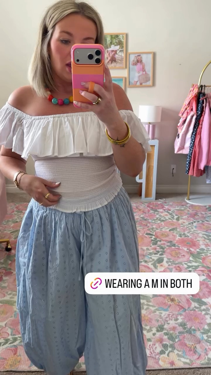Wearing a medium in both the off shoulder top and these cute Free People like barrel leg pants!

#LTKSeasonal #LTKMidsize