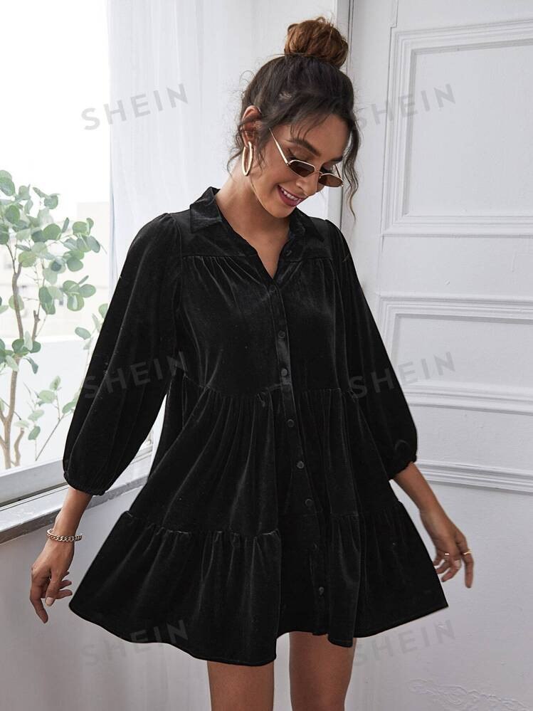 SHEIN LUNE Velvet High Waist Shirt Smock Dress | SHEIN