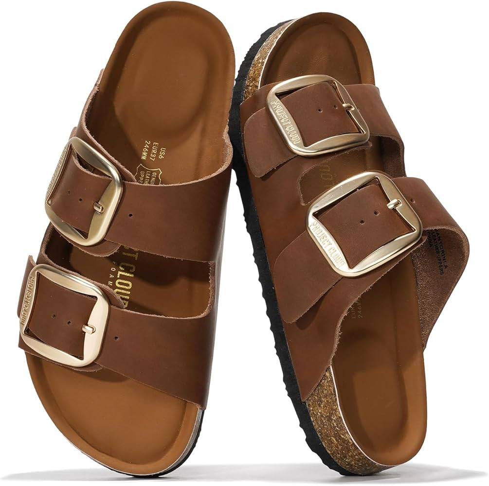 Project Cloud Genuine Leather Flat Sandals Comfortable Beach Essentials Womens Sandals Memory Foa... | Amazon (US)