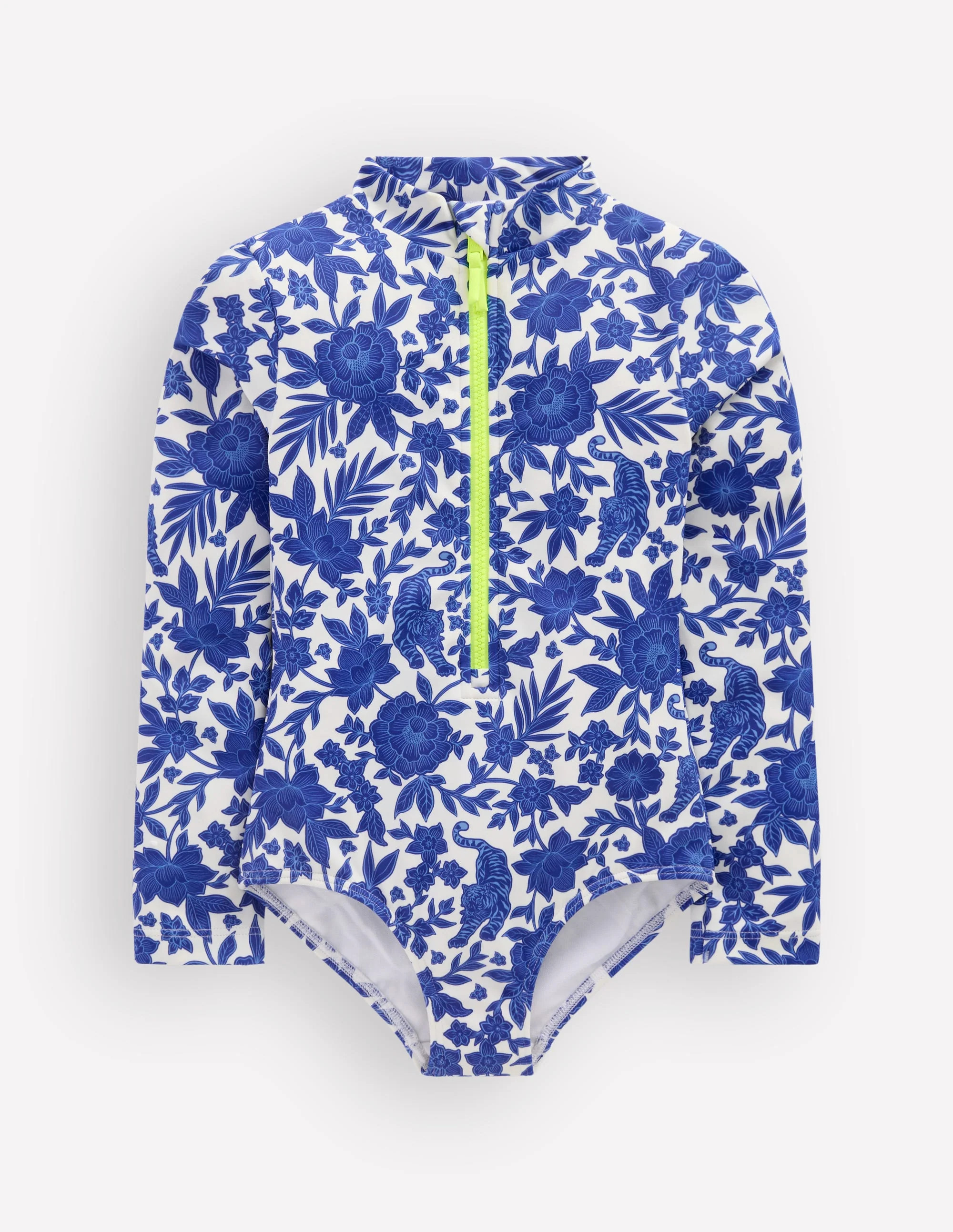 Long-sleeved Swimsuit-Bright Blue Jungle Woodblock | Boden (US)