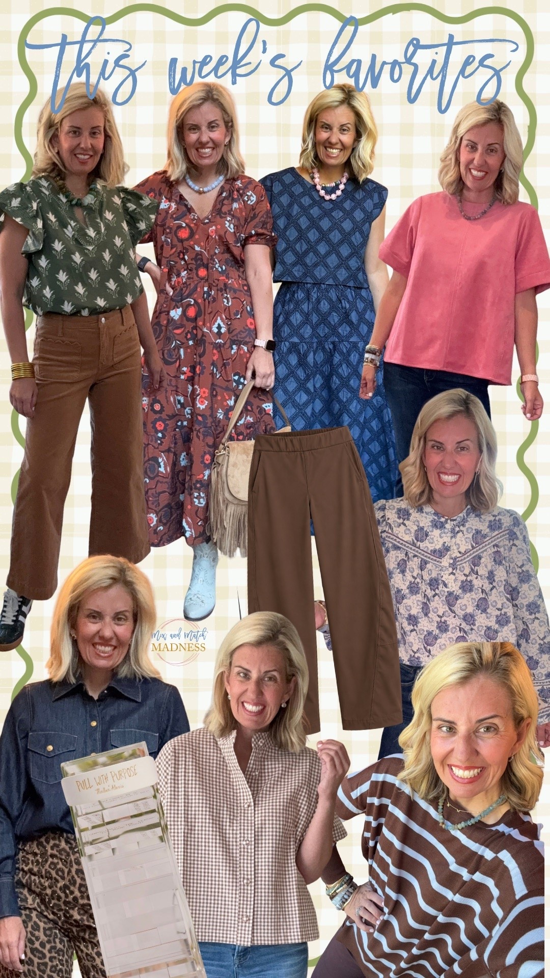 This week’s favorites according to y’all!
Sizing:
Chambray top - xs 
Floral top - xs
Gingham top - small
Ruti Pants - 4P
Mersea sweater - one size 
Walmart dress - xs 
Skirt - xs 
Emmy top - xs
Cord pants 4R
￼
CODES:
*Social Threads - FF20
*Mersea - Catherine15
*Sunshine Tienda - mixandmatch
