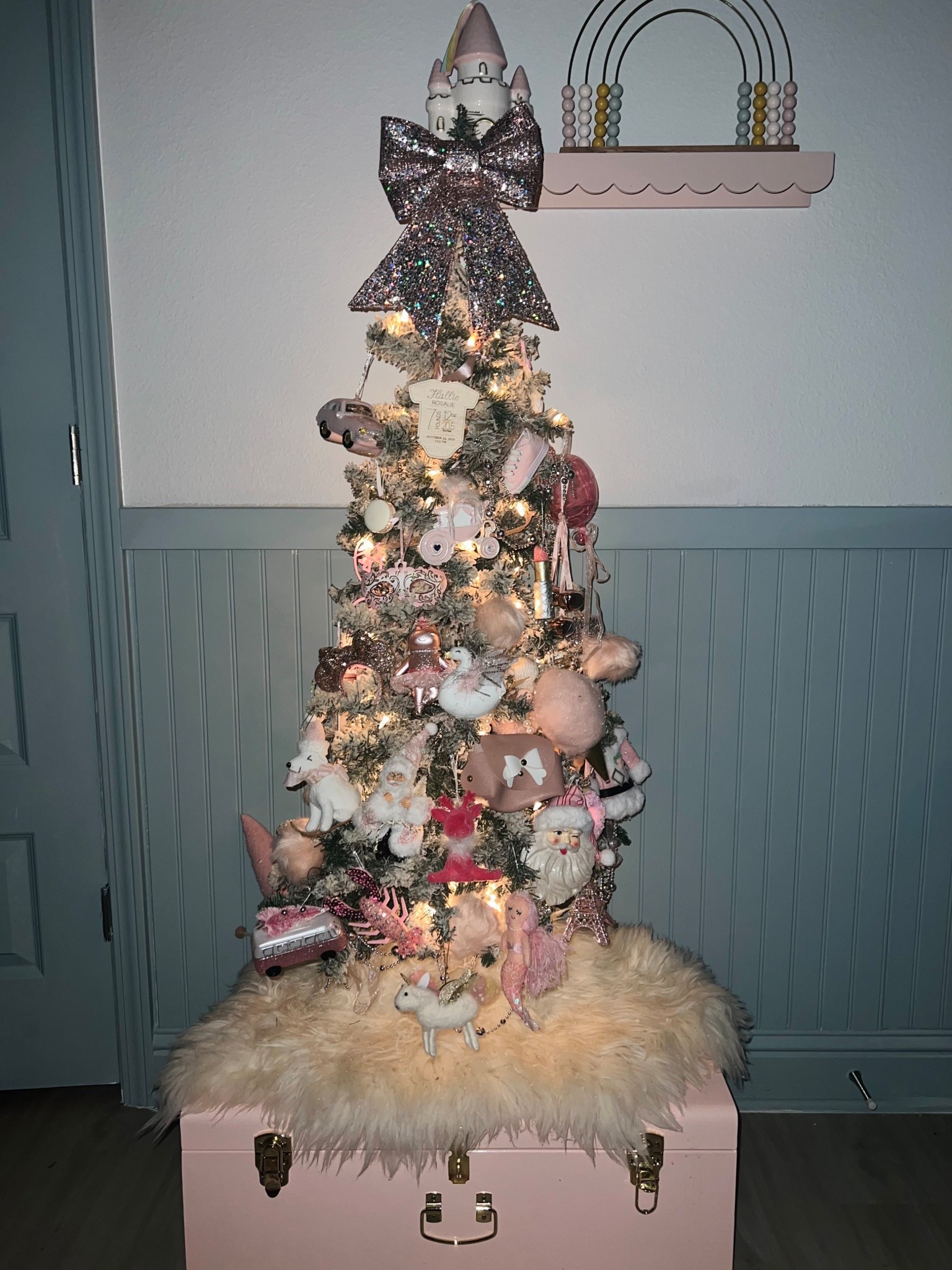 Flocked pink Christmas tree, I’ll try to link what I can plus more! I’ve been collecting ornaments since she was a baby 🥹 🎀🌲 
flocked Christmas tree/ pink Christmas/ pink Christmas ornaments/ toddler girl room 

#LTKHome #LTKHoliday #LTKKids