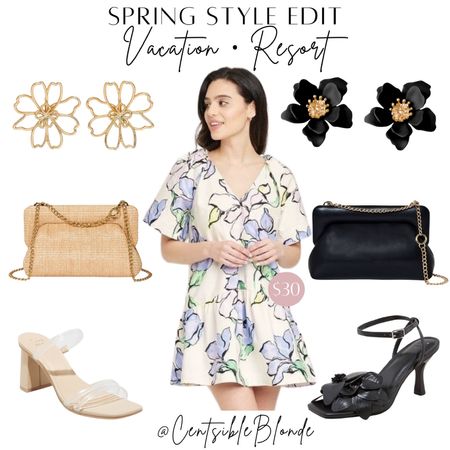 Spring outfit
Spring dress
Vacation outfit 
Floral dress
Handbag
Spring bag
Flower earrings
Floral earrings
Black heels
Clear sandals
Flower heels

#LTKitbag #LTKshoecrush #LTKfindsunder50