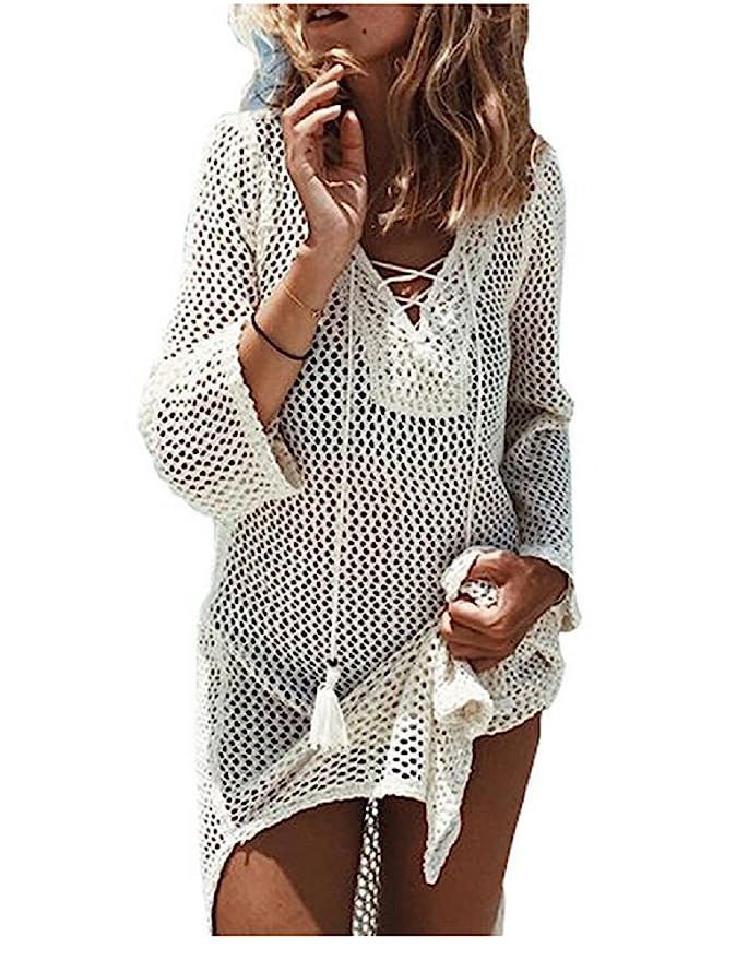 NFASHIONSO Women's Fashion Swimwear Crochet Tunic Cover Up/Beach Dres | Amazon (US)