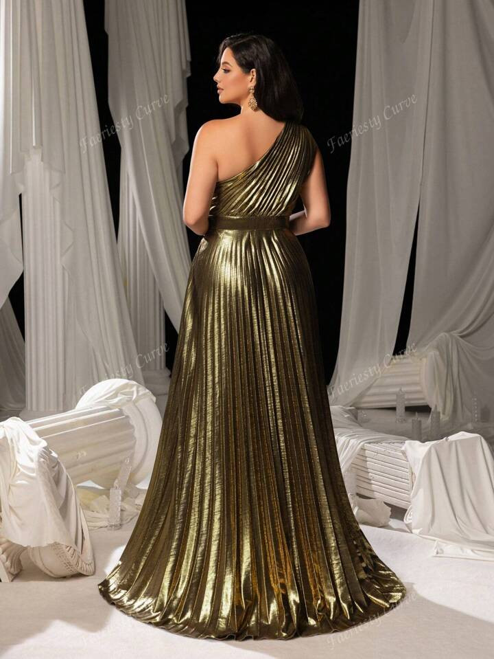 Plus Metallic One Shoulder Pleated Formal Dress | SHEIN