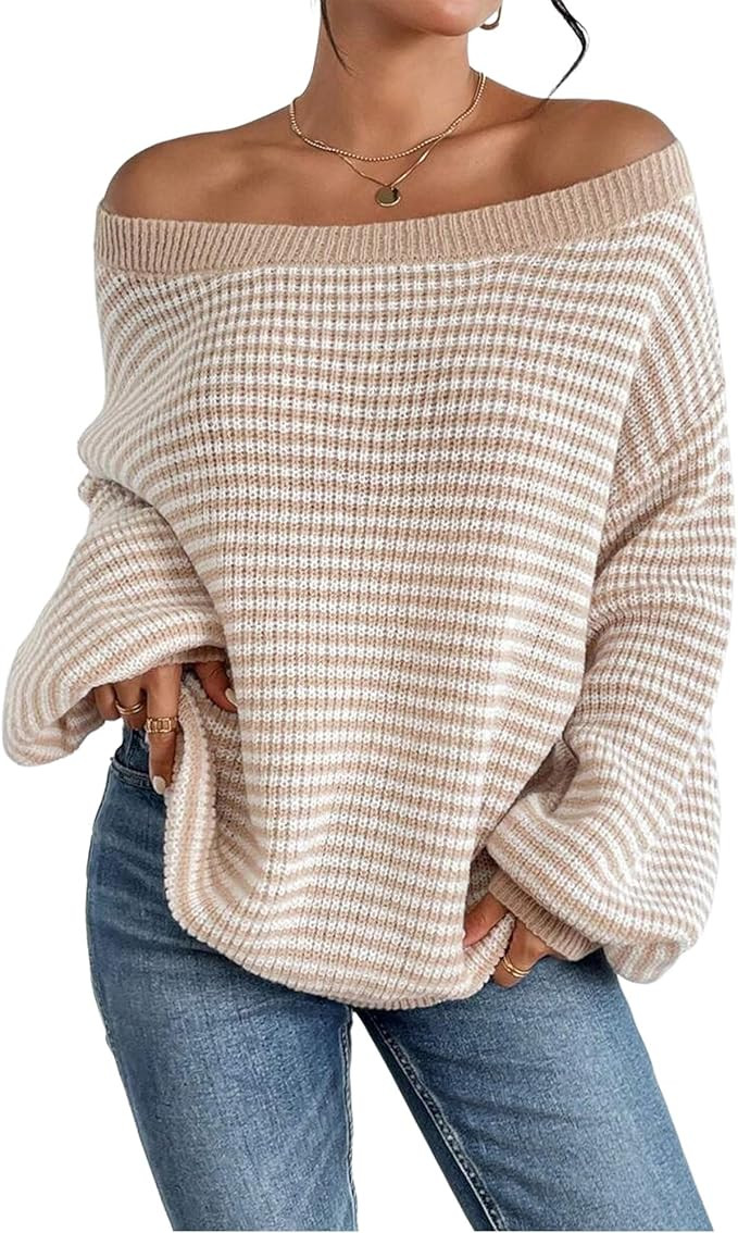 ZAFUL Sweaters for Women Off Shoulder Knit Sweater with Long Sleeve Loose Pullover Jumper Tops | Amazon (US)