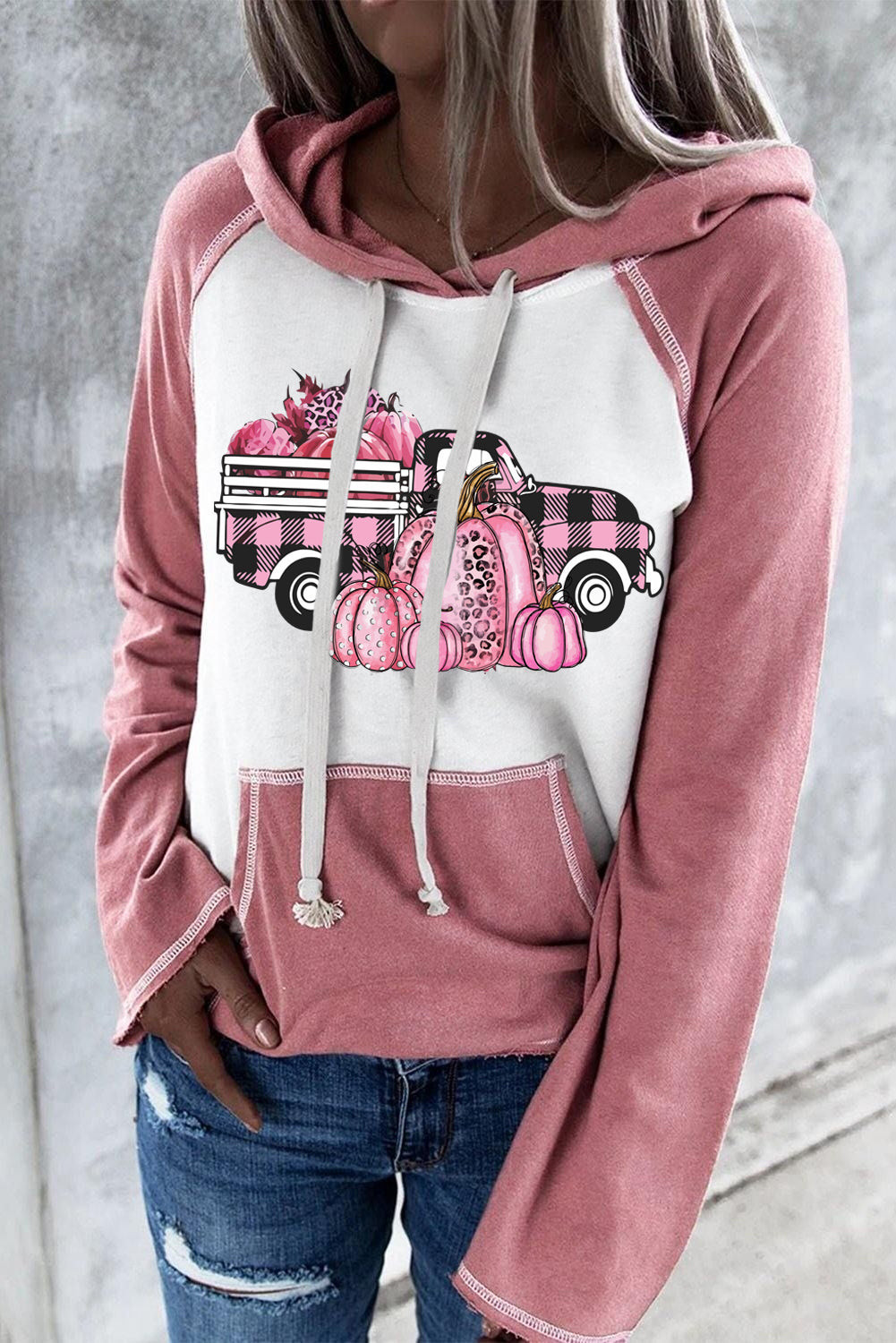 Pink Plaid Frayed hem Color block Pink Pumpkin hoodie | Evaless