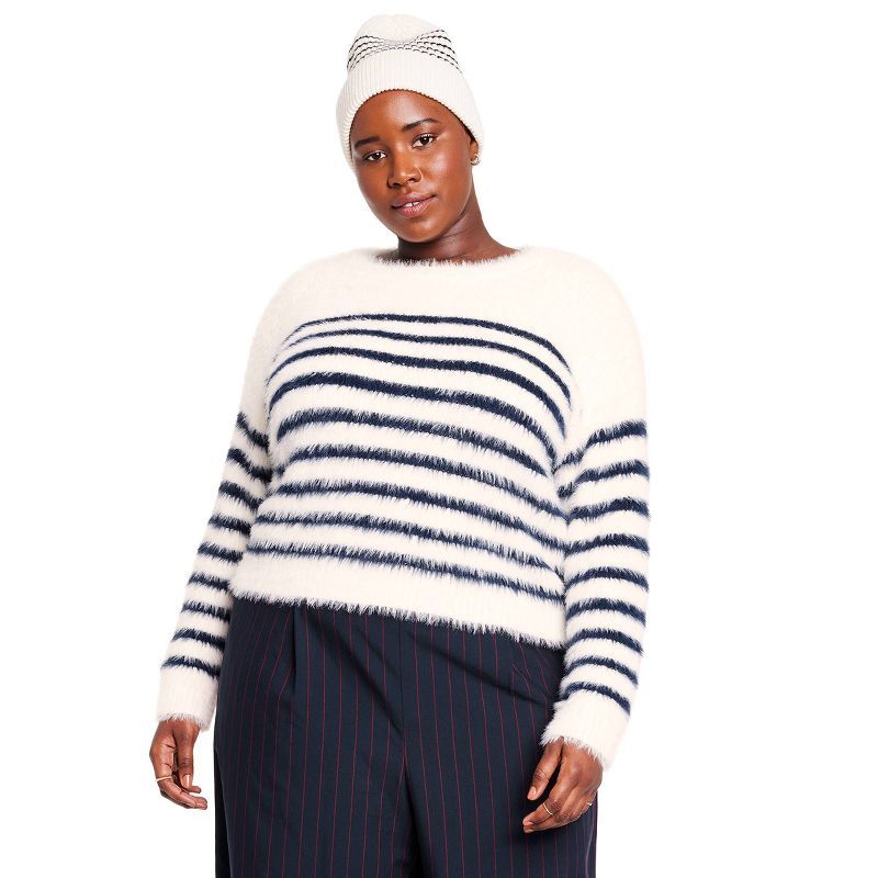 Women's Fuzzy Yarn Striped Crewneck Sweater - La Ligne x Target Cream/Navy | Target