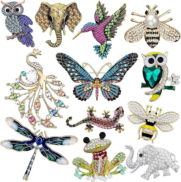 12 Pcs Women Brooches Bulk Set Rhinestone Crystal Vintage with Hummingbird Owl Elephant Peacock B... | Amazon (US)