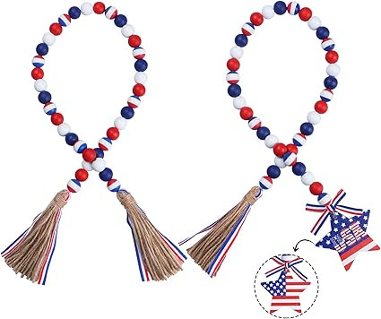 JOTFA 2 Pcs 4th of July Wood Bead Garland Decoration, Red White and Blue Patriotic Wooden Bead Ga... | Amazon (US)