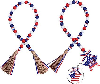 JOTFA 2 Pcs 4th of July Wood Bead Garland Decoration, Red White and Blue Patriotic Wooden Bead Ga... | Amazon (US)