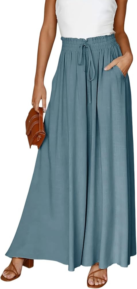 Hooever Women's Wide Leg Pants Flowy Drape Ruffle Drawstring Waist Palazzo Pants | Amazon (US)