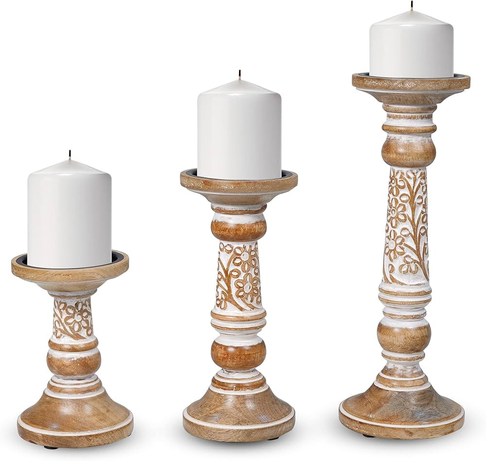Pillar Candle Holders- Rustic White Hand Carved Mango Wood Candle Holders for Pillar Candles in H... | Amazon (US)