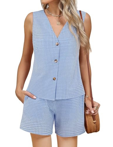 Blooming Jelly Women's Summer Two Piece Sets Vacation Outfits Matching Short Sets Linen Gingham V... | Amazon (US)