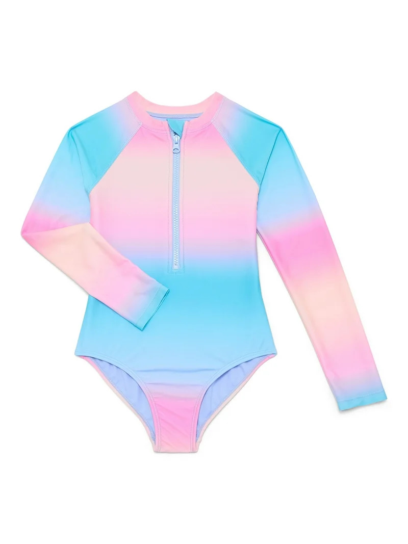 Wonder Nation Girls Zip Up Rash Guard One Piece Swimsuit with Long Sleeves, Sizes 4-16 | Walmart (US)