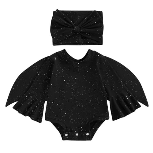 Infant Baby Girls Halloween Costume Black Bat Flared Long Sleeve Romper and Wings Headband 3pcs Outfit Set (black, 0-6M) | Amazon (US)